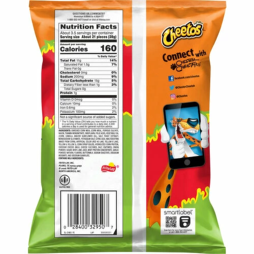Cheetos Cheese Flavored Snacks, Flamin' Hot Limon Flavored, Crunchy, 3.25 Ounce 1 Cheetos Cheese Flavored Snacks, Flamin' Hot Limon Flavored, Crunchy, 3.25 Ounce